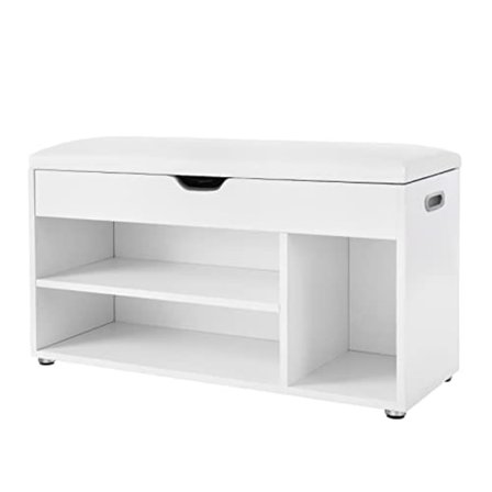 VASAGLE træ skobænk, Paaed opbevaringssæde, entremøbel med 2 hylder, hvid