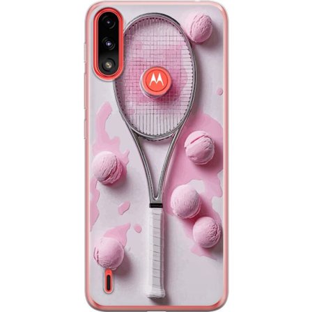 Kompatibel Mobilcover til Motorola Motorola Moto E7 Power Rosa glaskugler og tennisketsjer i et kreativt stillbillede med legende popfølelse og moder