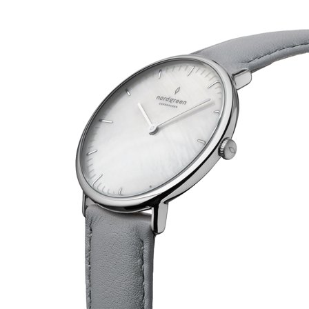 Nordgreen Scandinavian slim analog women's watch - Silver Case - Silver Dial - 28mm Grey Leather Watch Band Native White Dial