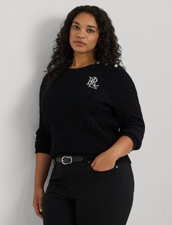 Lauren Women Button-Trim Cable-Knit Cotton Sweater - Black - 50-52
