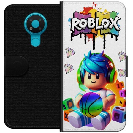 Yhteensopiva Lompakkokotelo Nokia Nokia 3.4 Värikäs Roblox-kuvitus pelihahmolla, leluilla ja energialla, täydellinen pelifaneille ja moderniin tyyl