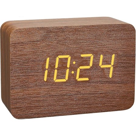 Liten digital klokke, vekkerklokke i tre på nattbordet på soverommet, moderne vekkerklokke med trekorn, dimbar reiseklokke med (FMY)