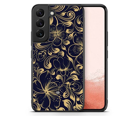 Bjornberry Skal Samsung Galaxy S22 Plus 5G -Guld/Mörkblå Blommor