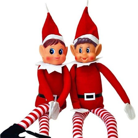 2 stk. En litt rampete julenisse – En leken julenisse-dukke med vinylansikt og borrelåshåndtak, en frekk julenisse.