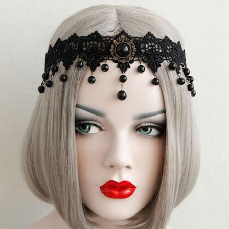 Gotisk Pannkedja Halloween Lolita Svart Pärla Spets Hårband Gotisk Vampyr Huvudbonad Cosplay Boll Retro Handgjord Gotisk Huvudbonad Black One Size