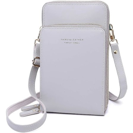 Mobiltelefon Crossbody Taske - Læder Damepung Pas Etui med Kortlommer Justerbar Aftagelig Skulderrem til Telefoner 7 Tommer (Lysegrå)