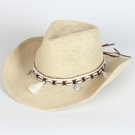 Naisten kes inen olki- ja denim-cowboyhattu, aurinkolakki, leve reuna, ranta- ja lomakeskushattu, kuoren hihnalla (beige)