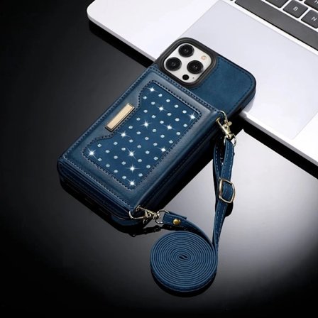 Fodral för iPhone15 tri fold lanyard väska blå tri fold väska diamant korthållare