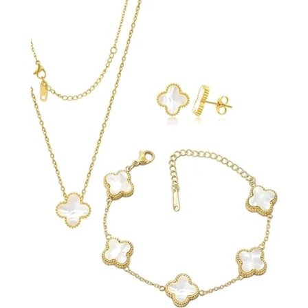 Lyckoklöver Halskæde Øreringe Armbånd Sæt til Kvinder Piger 19k Guldbelagt Charm Søde Smykker Kvinder Piger Gave
