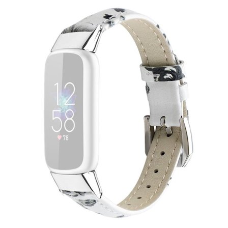 Fitbit Luxe klockarmband i äkta läder - Vit / Grå Blomma / Storlek: S