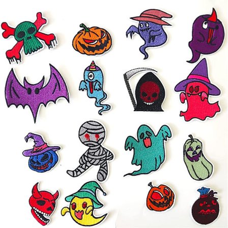 Set med 16 Halloween-tema broderte strykemerker - Assorte