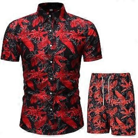 Herre Hawaiiskjorte og shorts sett 2 deler knapp ned blomstrete stranddress tropiske antrekk (L Rød)