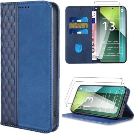 Etui til Xiaomi Redmi Note 13 Pro 5G (ikke til 4G), marineblå, mosaikmønster lædereffekt med kortholder + 2 hærdede briller