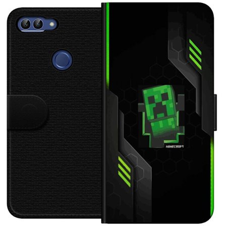 Kompatibelt Plånboksfodral till Huawei Huawei P smart Grön pixelbaserad creeperliknande spelillustration med futuriska neoninslag och mörk techbakg