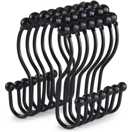 Dusjforhengskroker, 1 ring, rustfrie ruller, rustfrie, balanserte, glidende, fallsikring, doble kroker for baderomsforheng (svart)