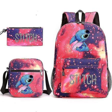 Lilo Stitch Stitch -reppu, olkalaukku, kynälaukku, musta opiskelijalaukku, kolmiosainen setti, liekinpunainen A