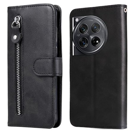 SKALO OnePlus 12 5G Lompakkokotelo PU-nahkaa vetoketjulla - Musta