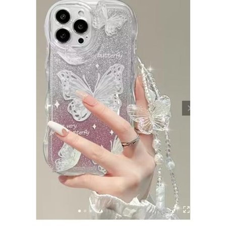 Kotelo iPhone 17:lle Läpinäkyvä Aalto Violetti Perhonen + Liukuvärjätty Pinkki Glitter-kortti + Rannekoru