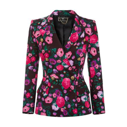 Elisabetta Franchi, Elisabetta Franchi Czarny Floral Double-Breasted Jacket Czarny, Kobieta, Rozmiar: M