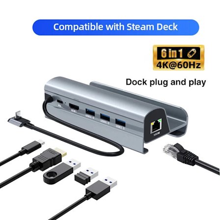Steam Deck -telakka-asema TV-teline 6-in-1-keskitin alumiiniseos pidiketelakka 60Hz HDMI-yhteensopiva USB-C Steam Deck -konsolille
