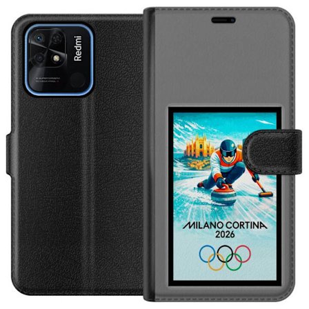 Kompatibel Tegnebogsetui til Xiaomi Redmi 10C Ishockeyillustration med spillere i bevægelse på isen, Milano Cortina 2026, Milano-landemærker og olympi