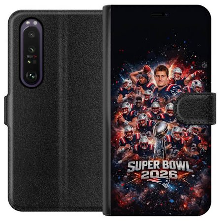 Yhteensopiva Lompakkokotelo Sony Xperia 1 III Super Bowl 2026 juliste, jossa New England Patriots ja NFL-mestaruuspalkinto räjähtävän urheilullisessa