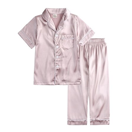 Satin Pyjamas Set i Siden, Kortärmad, Barnkläder för Sovkläder aprikos