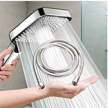 Firkantet brusehoved i knapstil (kun hoved) - højtryksregnbruser med stor dyse, der ikke tilstopper, kromfinish, Sui [DB]