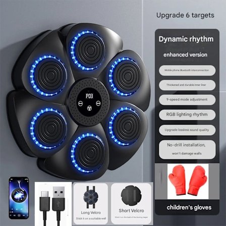 Musikboxningsmaskin, Smart väggmonterad boxningsmaskin - Bluetooth-anslutning, levereras med boxningshandskar för vuxna, 9 hastigheter och nedräkning.