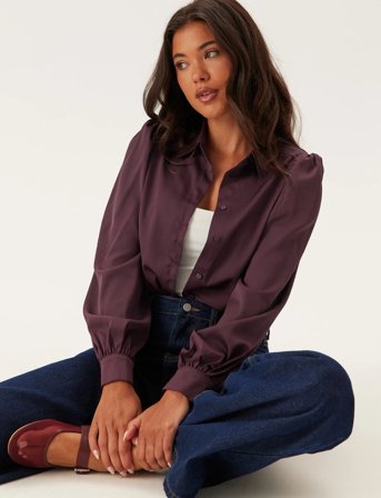 Bubbleroom Puff Sleeve Satin Shirt - Burgundy - 36
