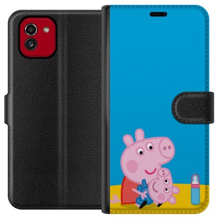 Kompatibel Tegnebogsetui til Samsung Galaxy A03 Peppa Pig elvertema med krone og tryllestav på lyserød baggrund, sødt børnetegning af Greta Gris i eve