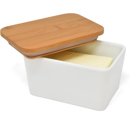 Keramisk smørskål med låg, 500g smørskål med bambuslåg, aftagelig silikoneforsegling, holder smørret frisk og køligt