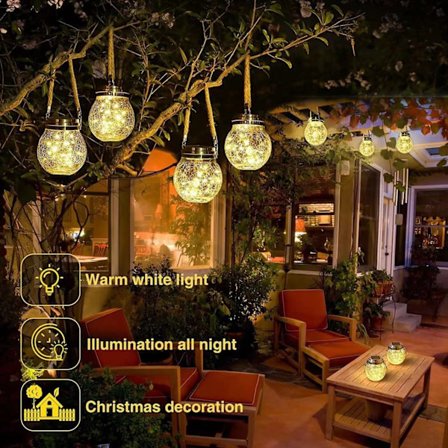 Aurinkolyhty, jossa on särölasipallo, puutarhaan ripustettavat aurinkovalot, vedenpitävät ulkolyhdyt, joissa on 20 lämpimän valkoista LED-valoa 