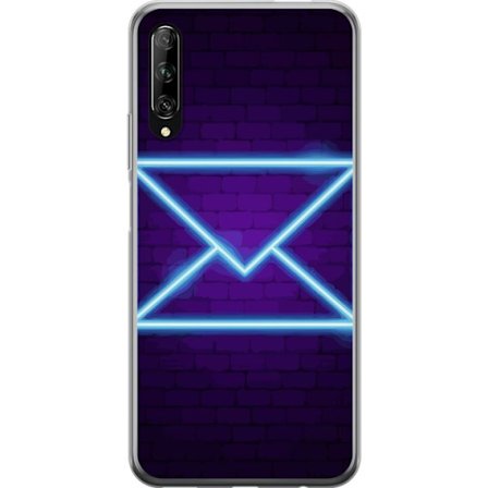 Yhteensopiva Puhelinkuori Huawei Huawei P smart Pro 2019 Neonilta illuustraatio kirjekuoresta sinisessä valossa lila tiiliseinää vasten, nykyaikain