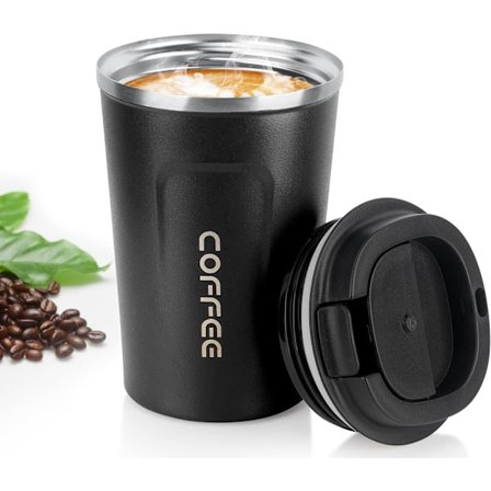 Kaffe Kop, 380ml Vakuum Genanvendelig Lækagesikker Dobbelt Væg Kaffe Kop, Isolering Rustfrit Stål Miljøvenlig Krus (Sort)
