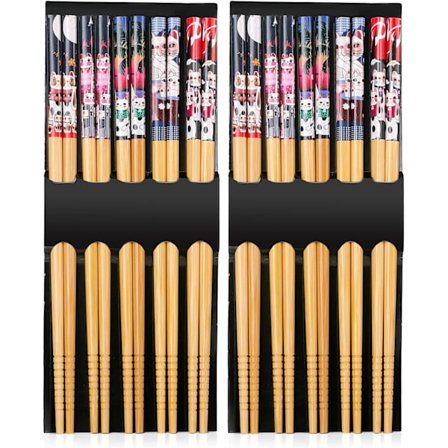 10 par bambus spisepinner, naturlig bambus, gjenbrukbare, håndlagde, flerfarget, oppvaskmaskin-vennlige, naturlige spisepinner