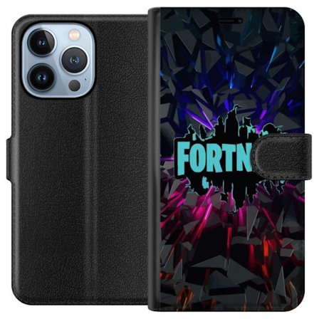 Kompatibelt Lommeboketui til Apple Apple iPhone 13 Pro Fortnite-logo - Svart bakgrunn med blå neon og fargede lys