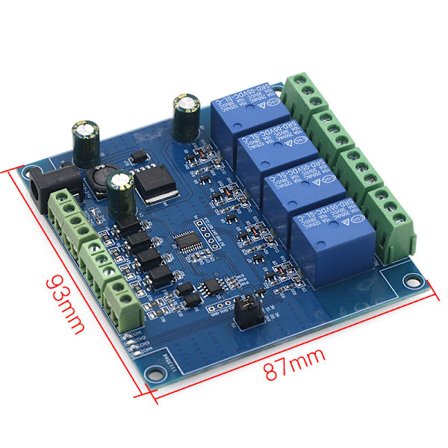 Modbus-Rtu7-24V 4-kanals relæmodul med digital input/output, RS485/TTL og beskyttelse mod omvendt polaritet.