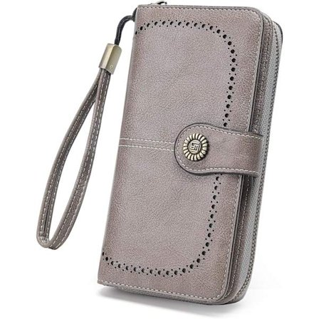 Pung i læder med stor kapacitet til kort, lynlås og håndledsrem til kvinder - grå