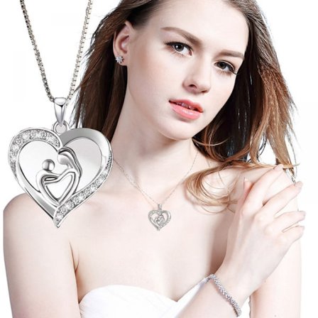 Halskjede til morsdag, hjerteformet anheng til mor og sønn, smykke med diamanter, beste gave til kvinner