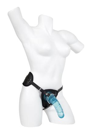 Crystal Pleasures Aqua Blue 18 cm Strap-On - Vuxen.no - teste sexleketøj, gavetips, valentinsdage, appstyrte dildo, vibrator, romantikk & sommersex.