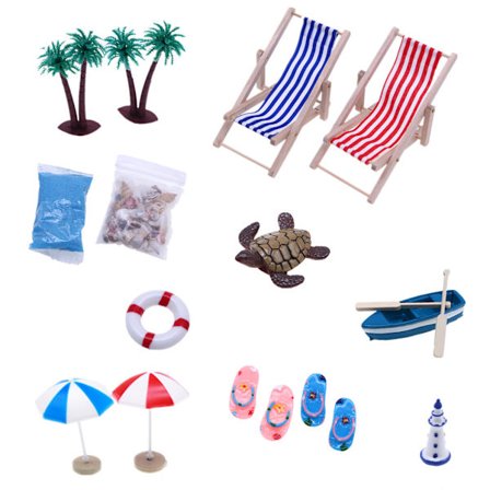 14st Doll House Mini Beach Set Micro Landscape Summer Shell Sun Bumbershoot Wooden Beach Chair