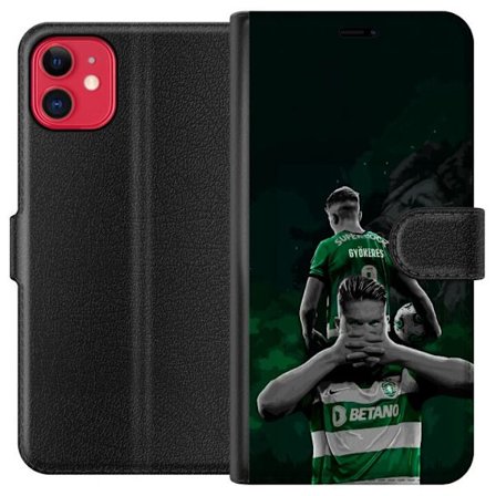 Yhteensopiva Lompakkokotelo Apple iPhone 11 Neonmotiivi, jossa teksti "Gaming is in my DNA" sinisenä ja punaisena tiiliseinällä, jossa loistava DNA-sp