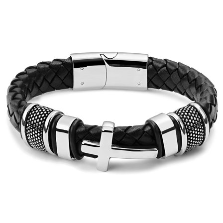 Bracciale in pelle intrecciata nera con croce in acciaio inossidabile color argento per uomini - Bracciali in pelle
