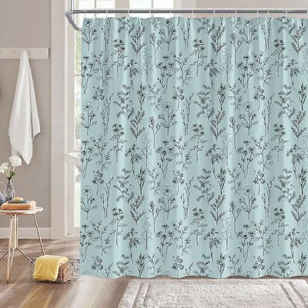 Sininen vintage-tyylinen kasvitieteellinen suihkuverho, boheemi kukkakuvio, retro yrtit, lehdet ja kukat, rustiikkinen maalaistalo, söpö kasvi, 