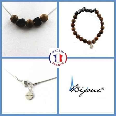 Stenar och mineraler. Smyckesset Armband Halsband Träpärlor 8 mm + Tourmaline Schorl Anpassningsbar storlek.