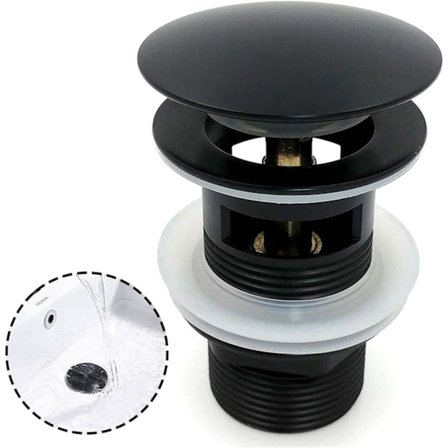 Svart servant avløpskum, krom pop-up avløp stor overflate, automatisk