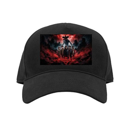 Kasket Mørk dramatisk filmplakat-lignende illustration med en gruppe teenagekarakterer foran et truende blomsterformet monster, røde tordenvejr og a