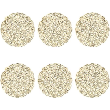 Rose Coasters Sæt med 6, Guld Coasters Glas Dækkeservietter Runde Vinyl Hule Dækkeservietter Tør Af Pvc