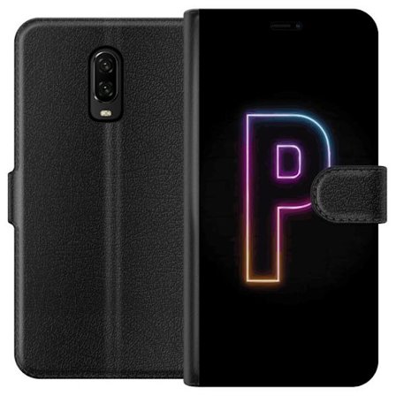 Kompatibel Tegnebogsetui til OnePlus OnePlus 6T Minimalistisk neonbogstav P i farvegradient og lyseffekt mod sort baggrund i digital neonstil